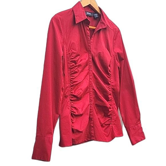 ALLISON MORGAN Red Long Sleeved Collared Button Up Shirt size S Ruching - Picture 11 of 11